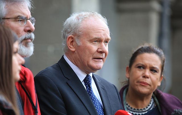 Sinn Fein leader Gerry Adams and NI Deputy First Minister Martin McGuinness speak to the media as they arrive with their delegation to the Brexit All-Ireland Civic Dialogue.