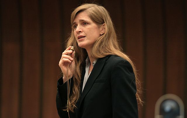  Samantha Power speaking at an event at the United Nations Office at Geneva on June 1, 2010. 