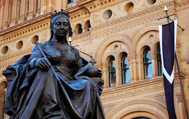 The statue outside the Queen Victoria building in Sydney, Australia.