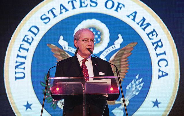 US Ambassador to Ireland Kevin O'Malley speaking at an Irish American Chamber of Commerce event in Dublin.