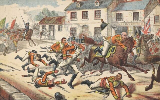 \"The Castlebar Races of 1798\": Flight of the British army before General Humbert\'s Franco-Irish forces during the Battle of Castlebar, 1887, engraving.