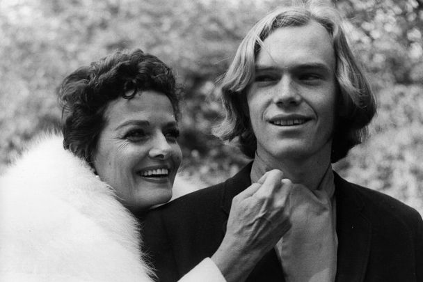 Jane Russell and her son Tommy during a visit to London, circa 1968.