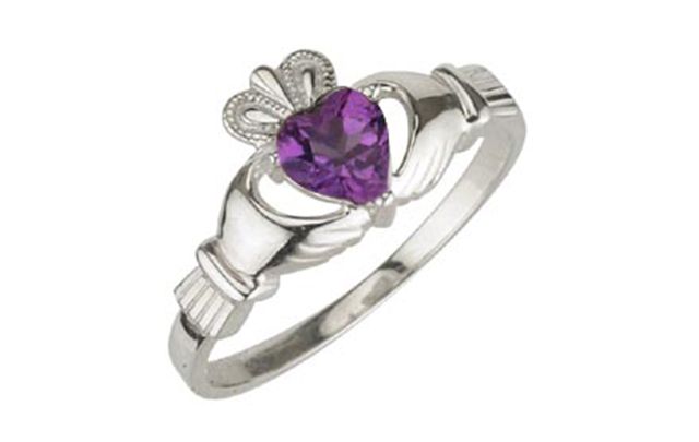The claddagh birthstone ring for February features the famous Irish claddagh symbol, with an amethyst heart. 