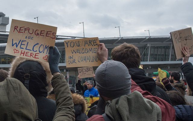 Protestors at JFK Airport on Saturday.