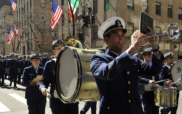 Band marches up Fifth Avenue during the St. Patrick\'s Day Parade. 