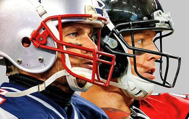 New England Patriot\'s Tom Brady and the Atlanta Falcon\'s Matt Ryan square off on the cover of the Super Bowl special Sports Illustrated.