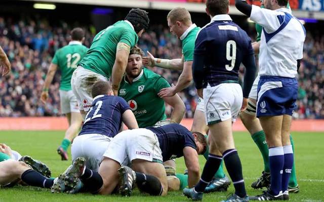 Iain Henderson is congratulated after scoring his second half try for Ireland.