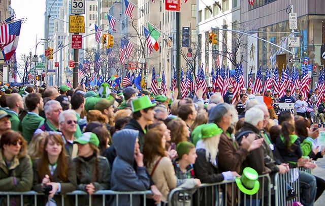Crowds at the St. Patrick\'s Day parade.