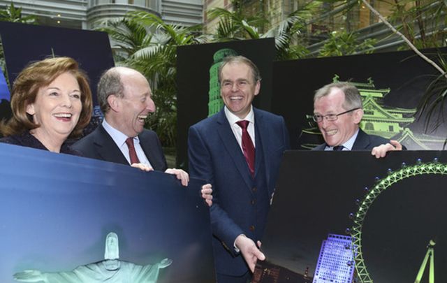 Chairperson of Tourist Ireland Joan O Shaughnessy, Minister for Transport, Tourism and Sport Shane Ross TD, Minister of State for the Diaspora and International Development Joe McHugh TD and CEO Tourism Ireland Niall Gibbons pictured at the Tourism Ireland announcement of the Global Greening line up for St Patricks Day 2017.