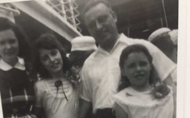 Setting foot on board the Scythia, the boat that would take us to Ireland, with my mom, dad and sister. Though my father, John Lyne, is in the picture, he stayed home. Someone had to work to pay for all this.