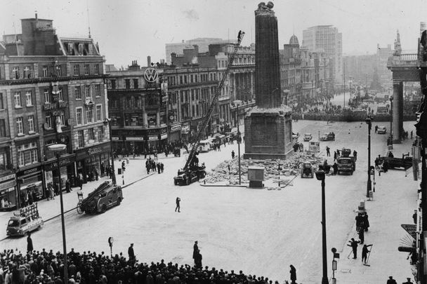 March 8, 1966:  During the 50th anniversary year of the 1916 Easter Rising, the Irish Army removed the remainder of Nelson\'s Pillar in the center of O\'Connell Street, Dublin, after it was demolished by an explosion.