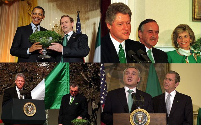 A collection of St. Patrick's Day past: (clockwise from top left) President Barack Obama with Taoiseach Enda Kenny in 2011, President Bill Clinton with Taoiseach Albert Reynolds in 1993, President George W. Bush with Taoiseach Bertie Ahern in 2001, and President Bill Clinton with Taoiseach Bertie Ahern. in 1994