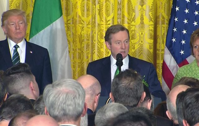 Irish leader Enda Kenny gives his St. Patrick\'s Day speech at the White House alongside President Trump and his wife Fionulla. 