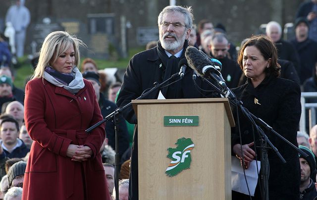 Sinn Fein President Gerry Adams speaks at the graveside of Martin McGuinness.