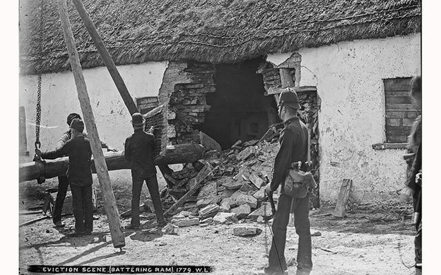 Police use a battering ram to forcibly evict a tenant c. 1888. 