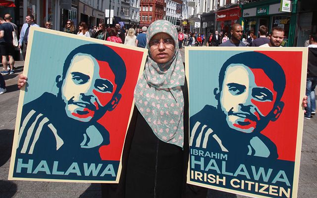 Pictured is Fatima (Ibrahim Halawa\'s sister) on Grafton Street in Dublin in May 2016 highlighting Ibrahim Halawa\'s 1,000th day in prison.
