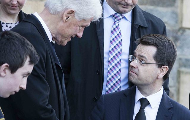 Bill Clinton greeting Northern Ireland Secretary of State, James Brokenshire, after Martin McGuinness\' funeral.
