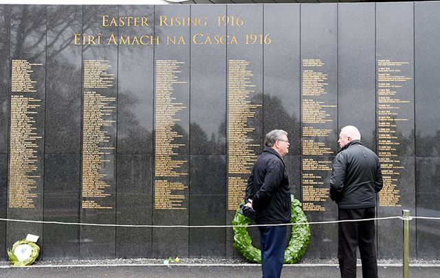  \"Necrology Wall, unveiled as part of the 1916 centenary commemoration and listing the names of all who lost their lives in the Rising, was vandalized at Glasnevin Cemetery.\"