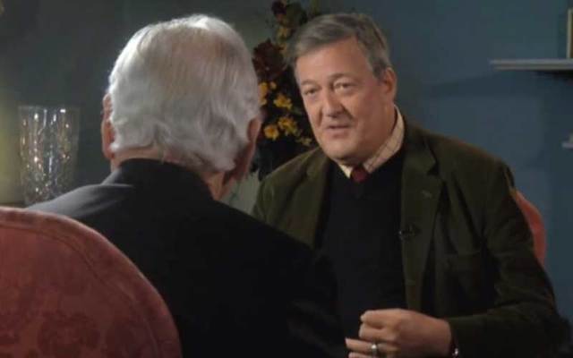 Stephen Fry talks to Gay Byrne on RTÉ’s television program ‘The Meaning of Life.’