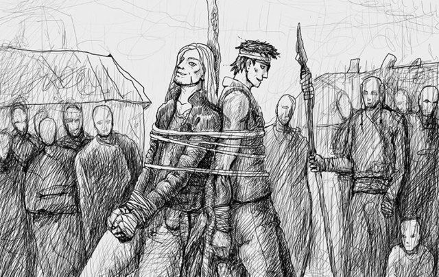 Two men tied up to be burned at the stake.