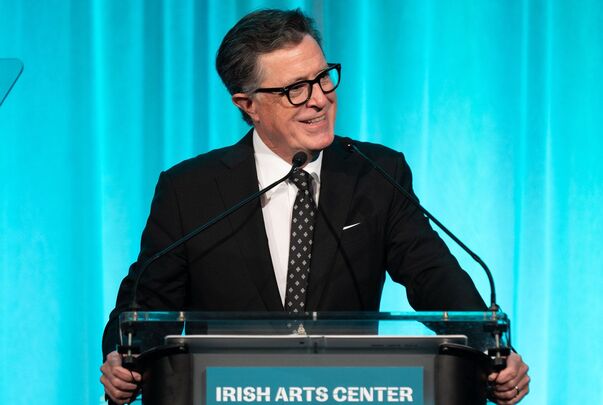 Stephen Colbert, speaking at the Irish Arts Center\'s 2023 Spirit of Ireland Gala as one of its honorees.