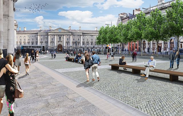 Artist\'s impression of the proposed public plaza view of College Green towards Trinity College.