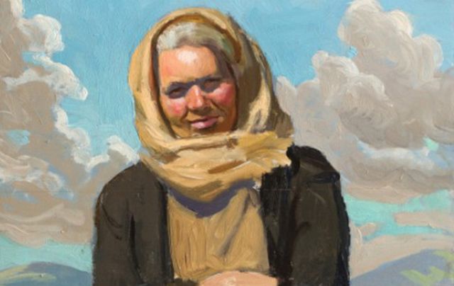 Beautiful painting hanging at the Músaem an Ghorta Mhóir, in CT. Sean O Sullivan RHA's Connemara Woman with Red Skirt.