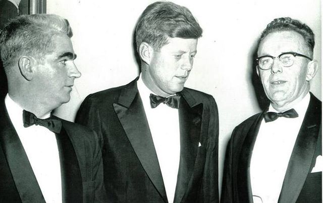 Sean P Keating (MC on the night, right), and Paul O\'Dwyer, of the Irish Institute, flank Senator John F Kennedy. 