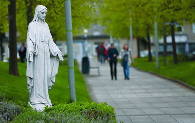 A statue of the Virgin Mary at the entrance to St. Vincent\'s Hospital. 
