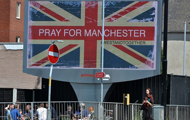 An electronic sign near the arena where the terrorist attack happened in Manchester last week.