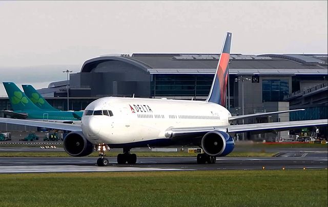 A Delta airplane taking off from Dublin Airport.