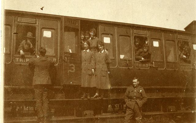 British Women\'s Army Auxiliary Corps members on a train during World War I. 