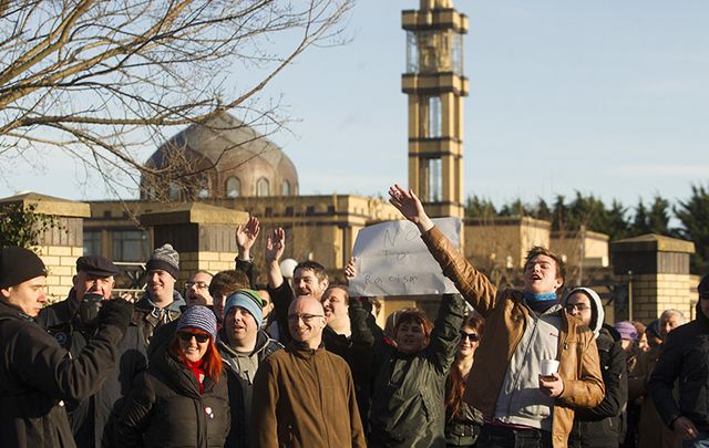 Anti Racism Ireland protest as Anti Islam Ireland protesters protest across from The Islamic Cultural Centre of Ireland in Dublin, in 2015. 