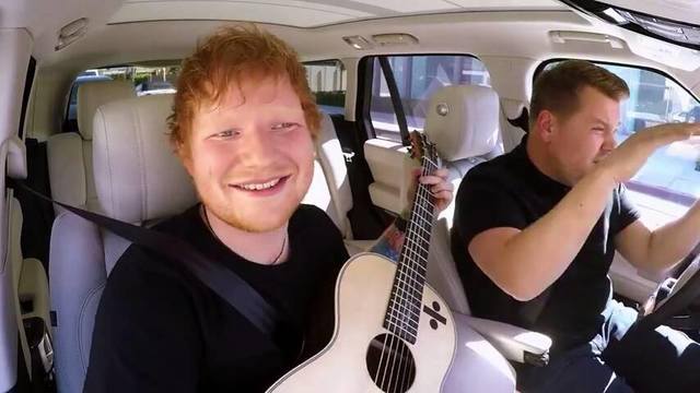 Ed Sheeran performing alongside James Corden for Carpool Caraoke