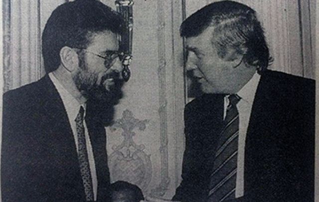 Sinn Fein's Gerry Adams shakes Republican, now President, Donald Trump's hand.