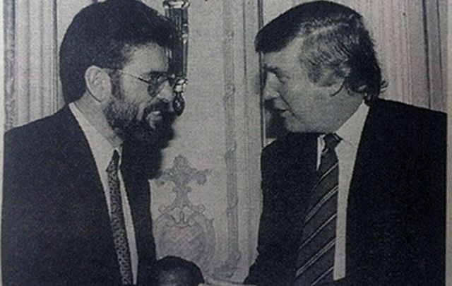 Sinn Fein\'s Gerry Adams shakes Republican, now President, Donald Trump\'s hand. 