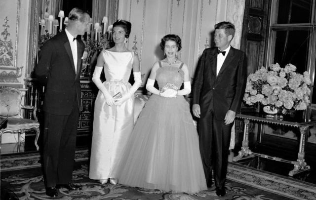 Prince Philip, Jacqueline Kennedy, Queen Elizabeth II, and President John Fitzgerald Kennedy at Buckingham Palace on June 5, 1961.