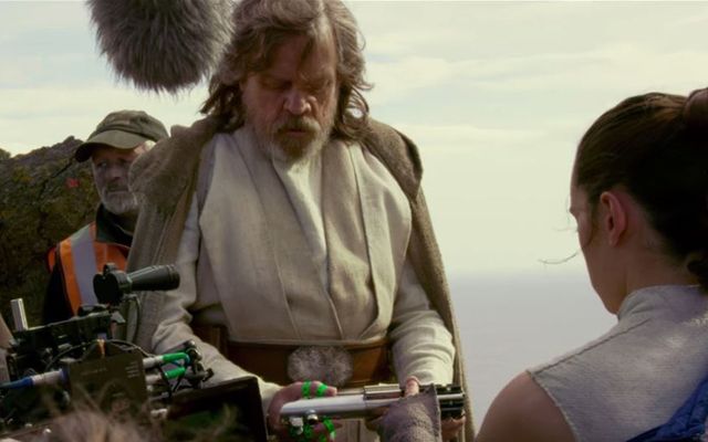 Luke and Rey (Mark Hamill and Daisy Ridley) shooting a scene set on Skellig Michael. 