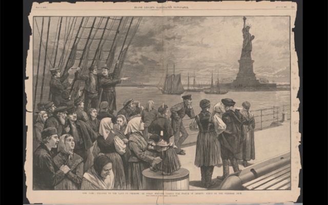 All illustration of immigrants arriving to Ellis Island, in New York.