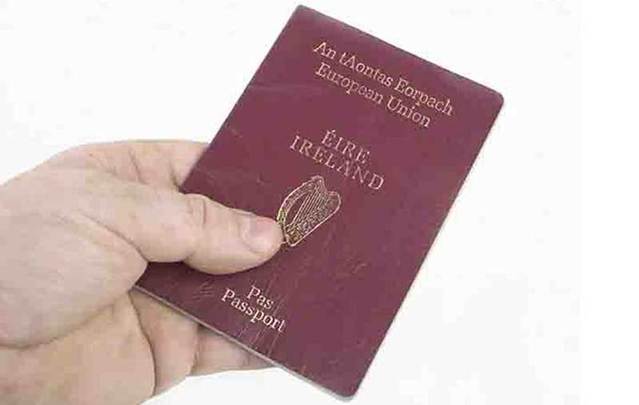 A hand holds an Irish passport.