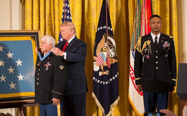President Trump presenting the Medal of Honor to James McCloughan on Monday. \n