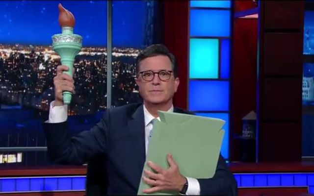 TV host Stephen Colbert claims President Trump does not endorse the message of the Statue of Liberty. 