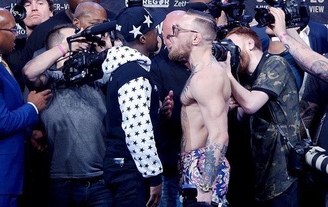 Mayweather and Conor McGregor stand off in Brooklyn.