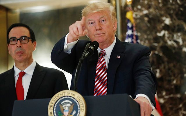 President Donald Trump speaking at Aug 15 press conference at Trump Towers, NYC.