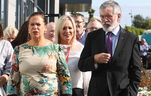 Mary Lou McDonald TD, leader of Sinn Féin in the Northern Ireland Assembly Michelle O\'Neill, and Sinn Fein Party President Gerry Adams after speaking at the annual Sinn Féin away day meeting.