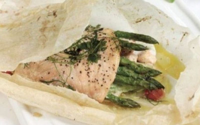 Baked sea bass parcel with smoked salmon and asparagus recipe from Avoca