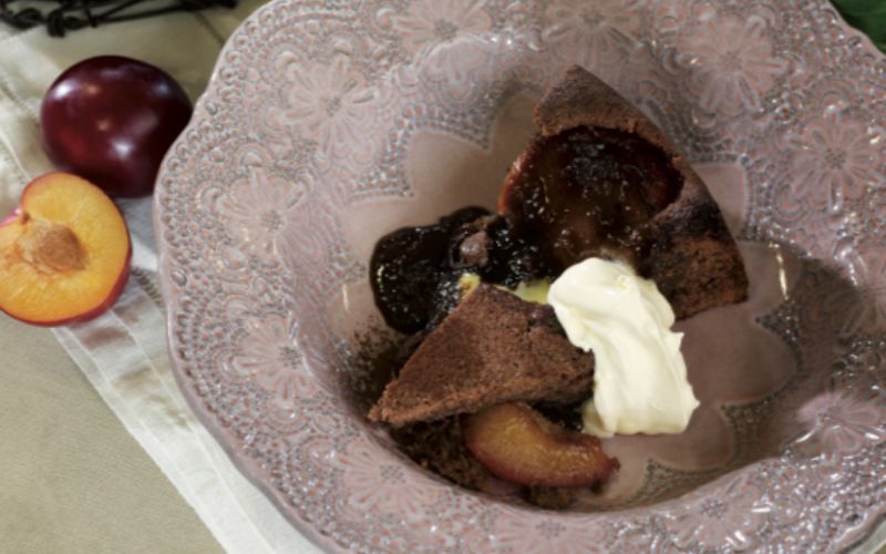 Chocolate plum cake with sticky muscovado crumble recipe