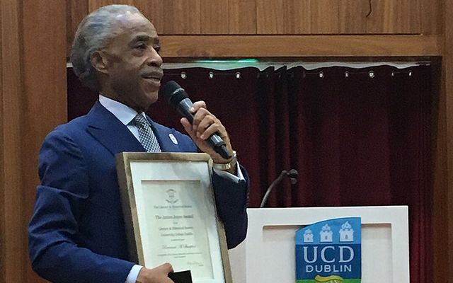 Al Sharpton accepting the James Joyce Award at UCD. 