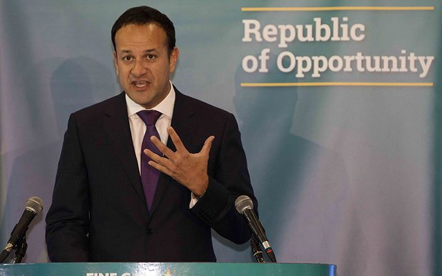 Leo Varadkar speaking under the Fine Gael sign, which reads the Republic of Opportunity.