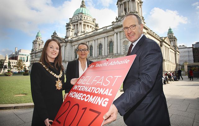 Councillor Nuala McAllister, Lord Mayor of Belfast, Jackie Henry, senior partner, Deloitte in Northern Ireland, and Dr. Howard Hastings OBE, chair of Visit Belfast and host of Belfast International Homecoming.